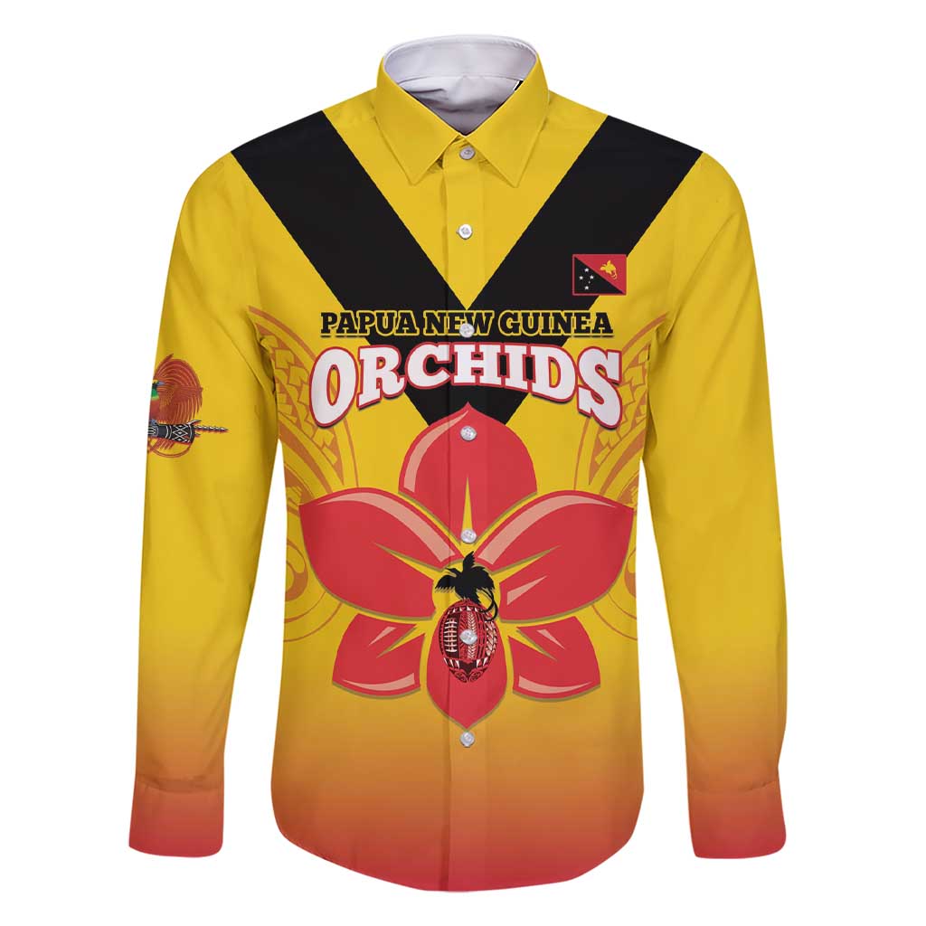 Orchids PNG Rugby Custom Family Matching Short Sleeve Bodycon Dress and Hawaiian Shirt Go Champions Papua New Guinea LT14 Dad's Shirt - Long Sleeve Yellow - Polynesian Pride