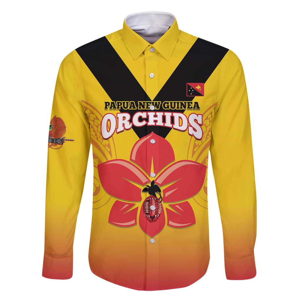 Orchids PNG Rugby Custom Family Matching Tank Maxi Dress and Hawaiian Shirt Go Champions Papua New Guinea LT14 Dad's Shirt - Long Sleeve Yellow - Polynesian Pride