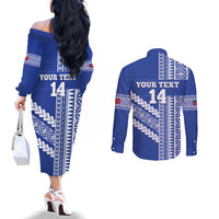 Fetu Samoa Rugby Custom Couples Matching Off The Shoulder Long Sleeve Dress and Long Sleeve Button Shirt Siapo Pattern - Sporty Style