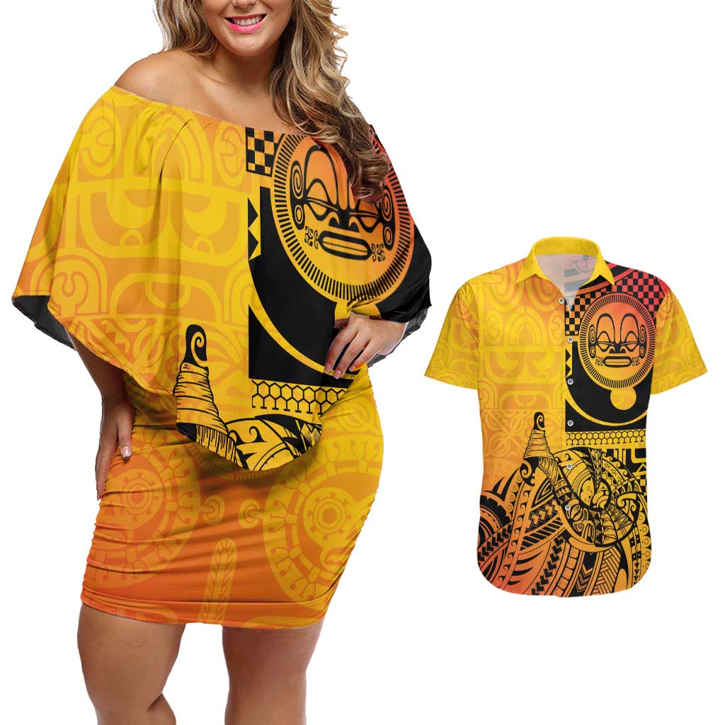Marquesas Islands Couples Matching Off Shoulder Short Dress and Hawaiian Shirt Marquesan Matatiki Fish Hook Patutiki LT14 Yellow - Polynesian Pride