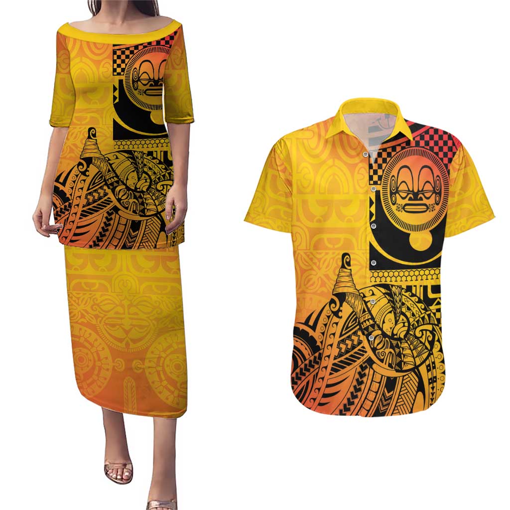 Marquesas Islands Couples Matching Puletasi and Hawaiian Shirt Marquesan Matatiki Fish Hook Patutiki - Polynesian Pride