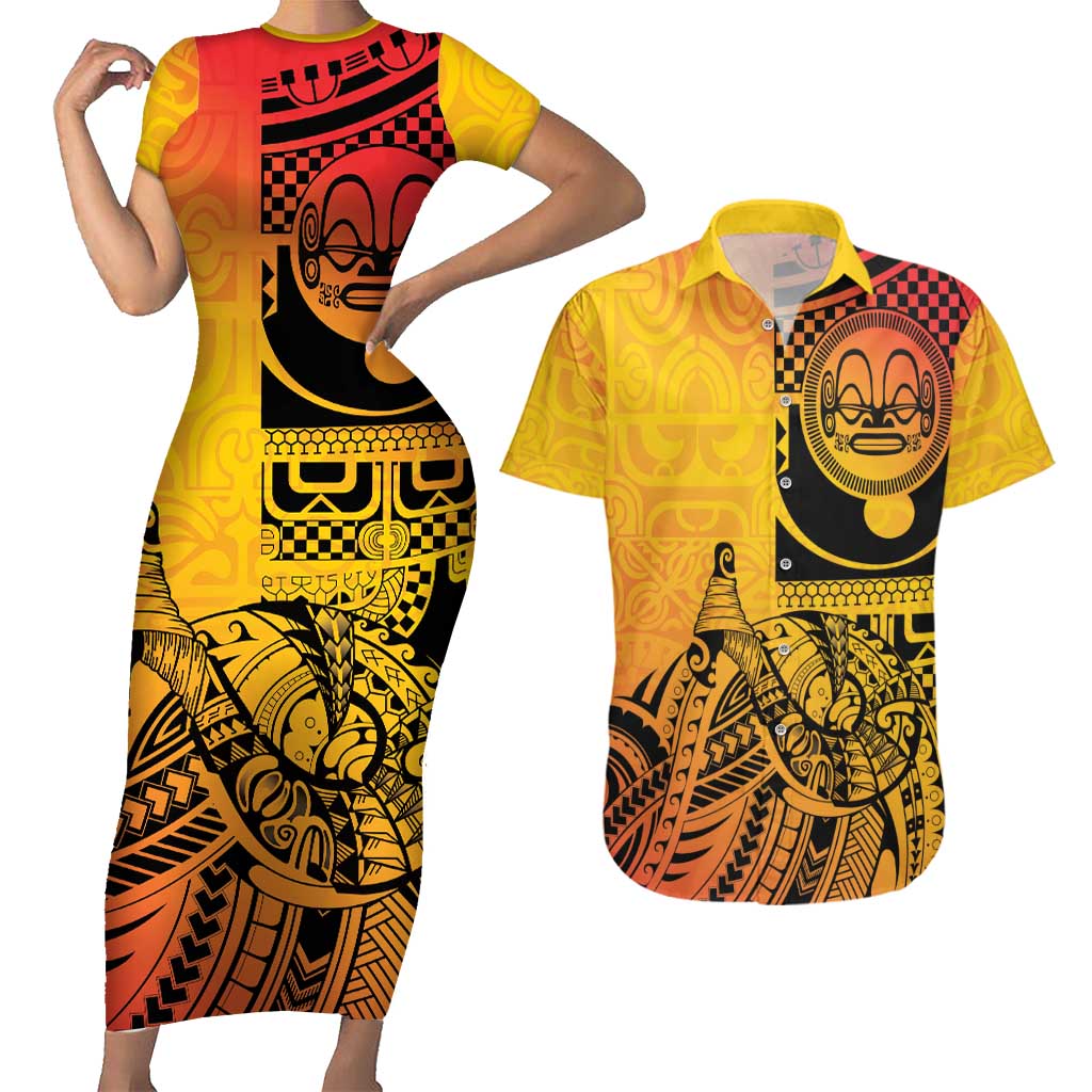 Marquesas Islands Couples Matching Short Sleeve Bodycon Dress and Hawaiian Shirt Marquesan Matatiki Fish Hook Patutiki - Polynesian Pride