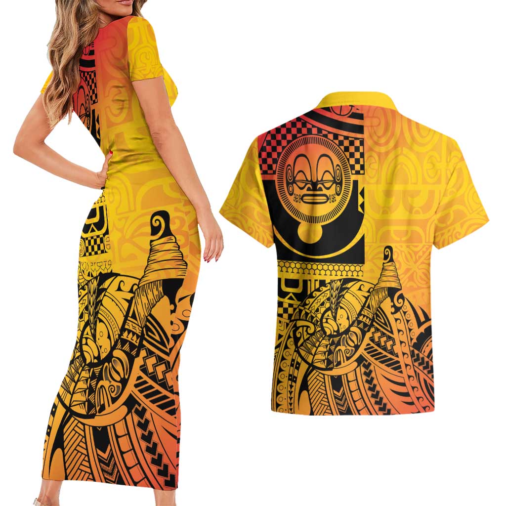 Marquesas Islands Couples Matching Short Sleeve Bodycon Dress and Hawaiian Shirt Marquesan Matatiki Fish Hook Patutiki - Polynesian Pride