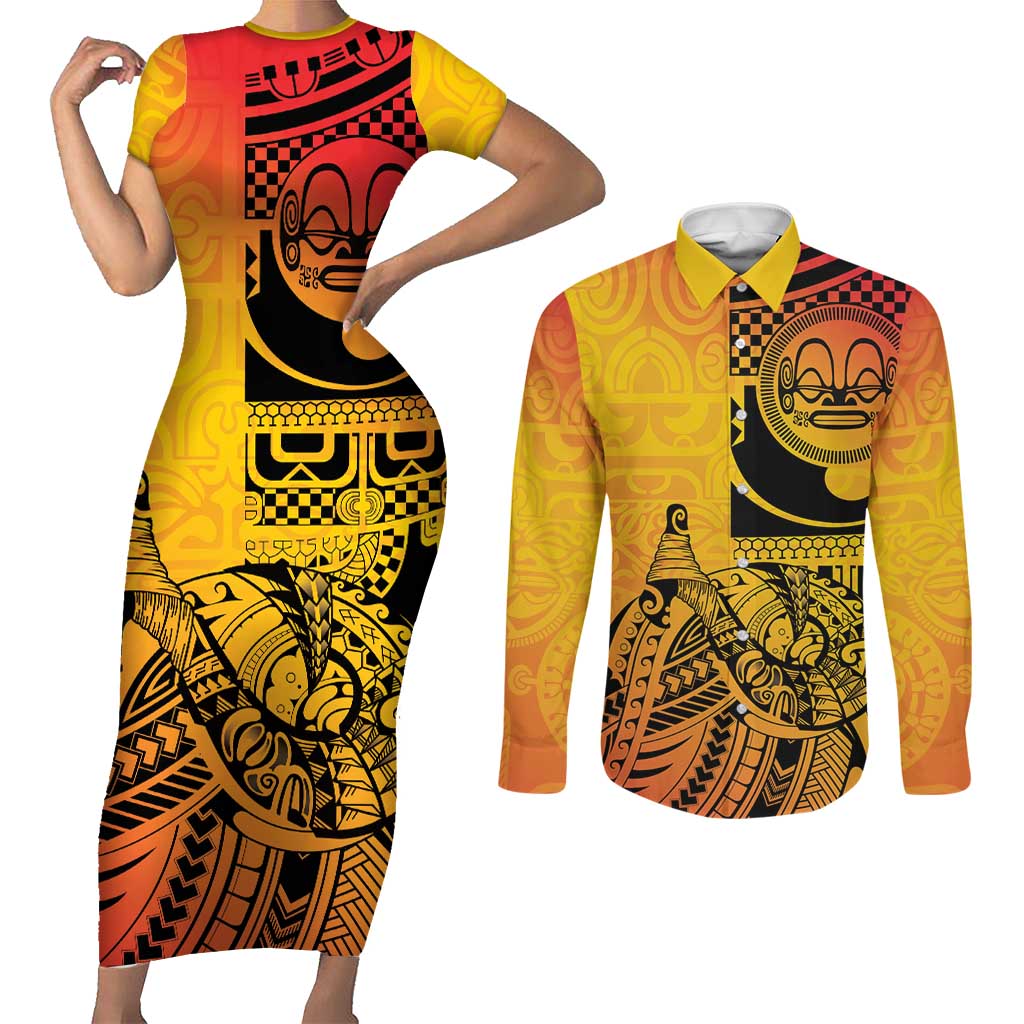 Marquesas Islands Couples Matching Short Sleeve Bodycon Dress and Long Sleeve Button Shirt Marquesan Matatiki Fish Hook Patutiki - Polynesian Pride