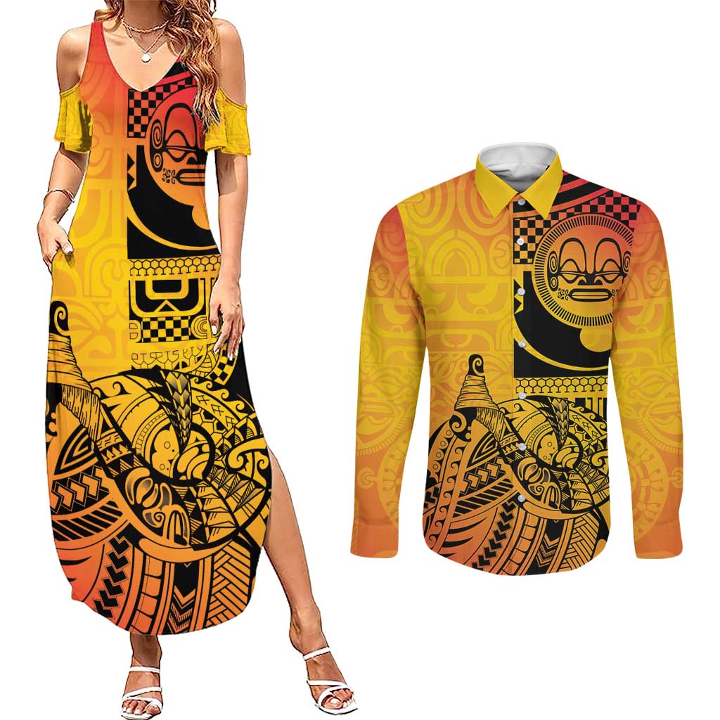 Marquesas Islands Couples Matching Summer Maxi Dress and Long Sleeve Button Shirt Marquesan Matatiki Fish Hook Patutiki - Polynesian Pride