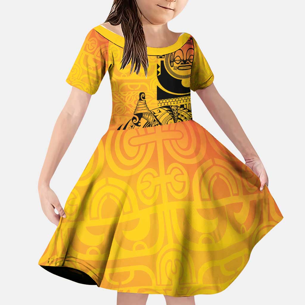Marquesas Islands Family Matching Long Sleeve Bodycon Dress and Hawaiian Shirt Marquesan Matatiki Fish Hook Patutiki LT14 Daughter's Dress Yellow - Polynesian Pride
