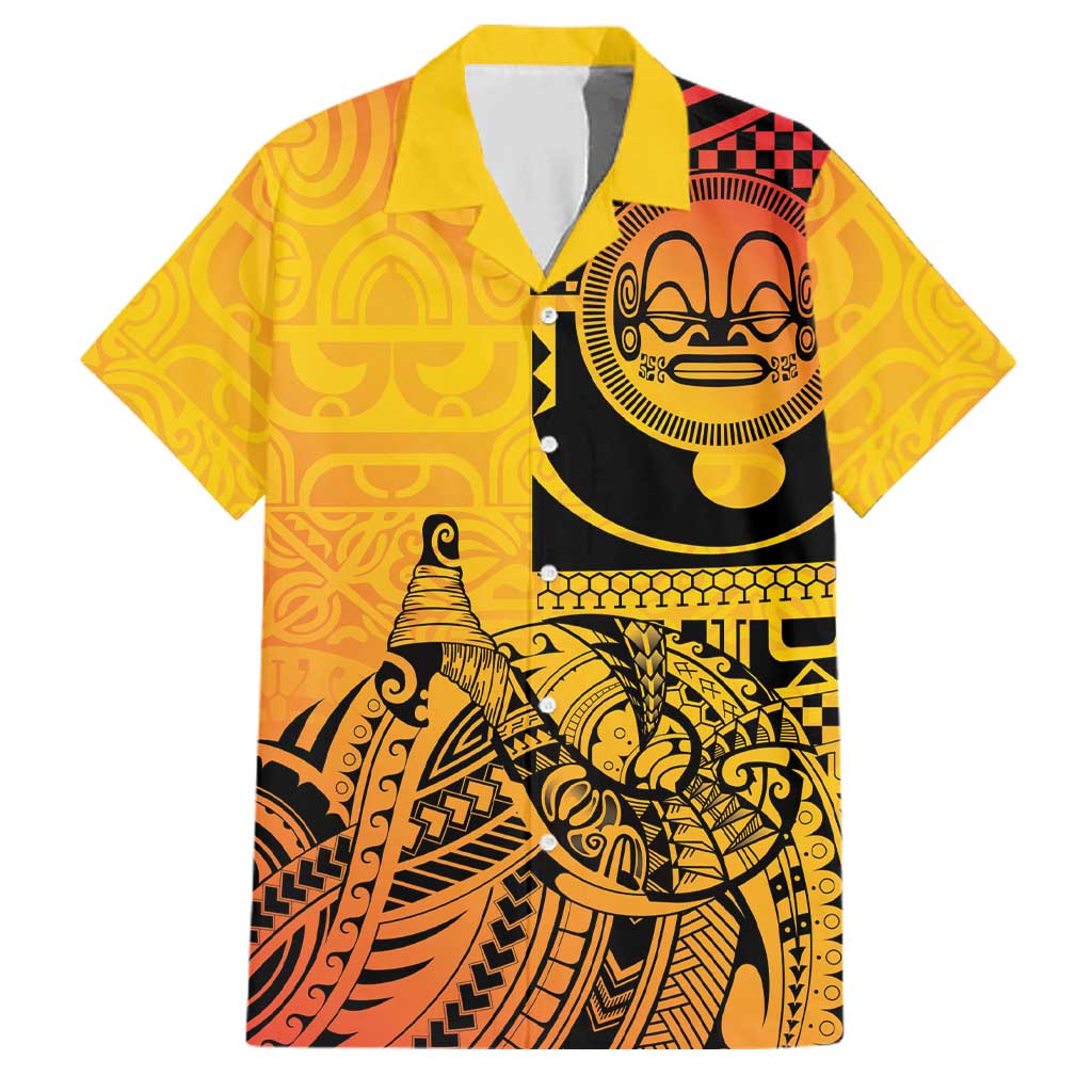 Marquesas Islands Family Matching Off The Shoulder Long Sleeve Dress and Hawaiian Shirt Marquesan Matatiki Fish Hook Patutiki LT14 Dad's Shirt - Short Sleeve Yellow - Polynesian Pride