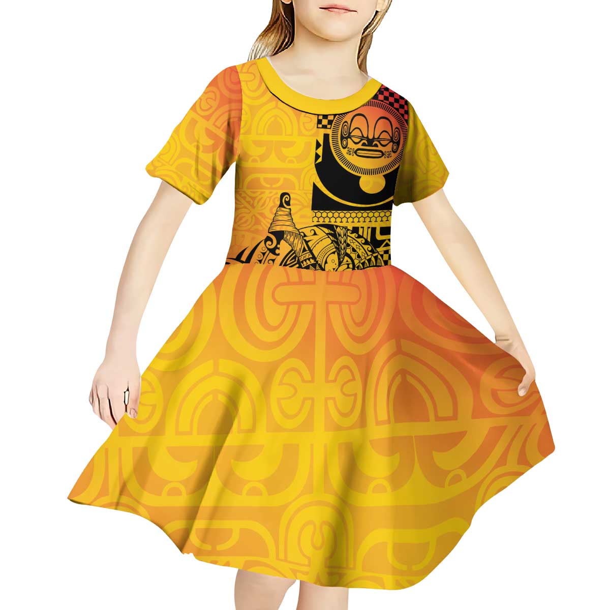 Marquesas Islands Kid Short Sleeve Dress Marquesan Matatiki Fish Hook Patutiki - Polynesian Pride
