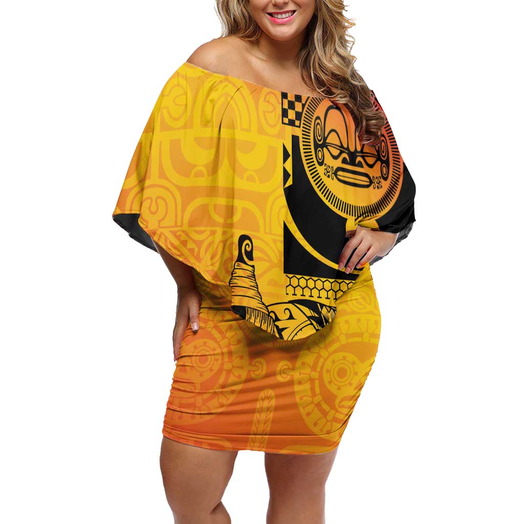 Marquesas Islands Off Shoulder Short Dress Marquesan Matatiki Fish Hook Patutiki - Polynesian Pride