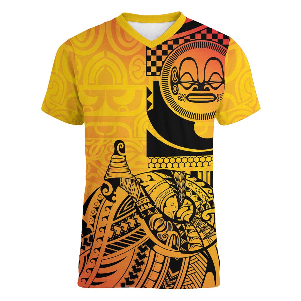 Marquesas Islands Women V-Neck T-Shirt Marquesan Matatiki Fish Hook Patutiki LT14 Female Yellow - Polynesian Pride