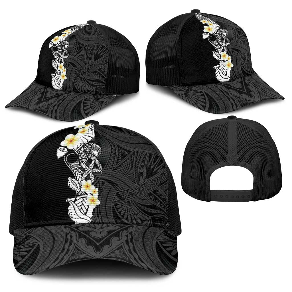 Black Samoa Tattoo Baseball Net Cap Plumeria Samoan Ocean Tatau Pattern - Polynesian Pride
