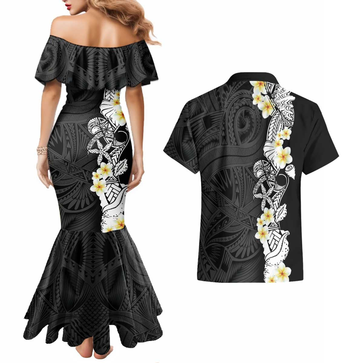 Black Samoa Tattoo Couples Matching Mermaid Dress and Hawaiian Shirt Plumeria Samoan Ocean Tatau Pattern - Polynesian Pride