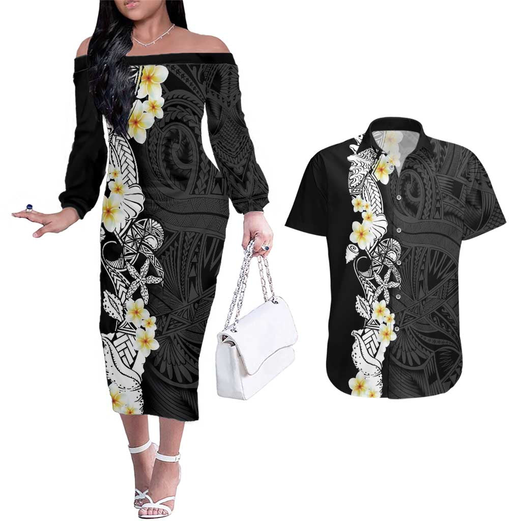 Black Samoa Tattoo Couples Matching Off The Shoulder Long Sleeve Dress and Hawaiian Shirt Plumeria Samoan Ocean Tatau Pattern - Polynesian Pride