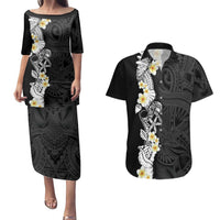 Black Samoa Tattoo Couples Matching Puletasi and Hawaiian Shirt Plumeria Samoan Ocean Tatau Pattern - Polynesian Pride