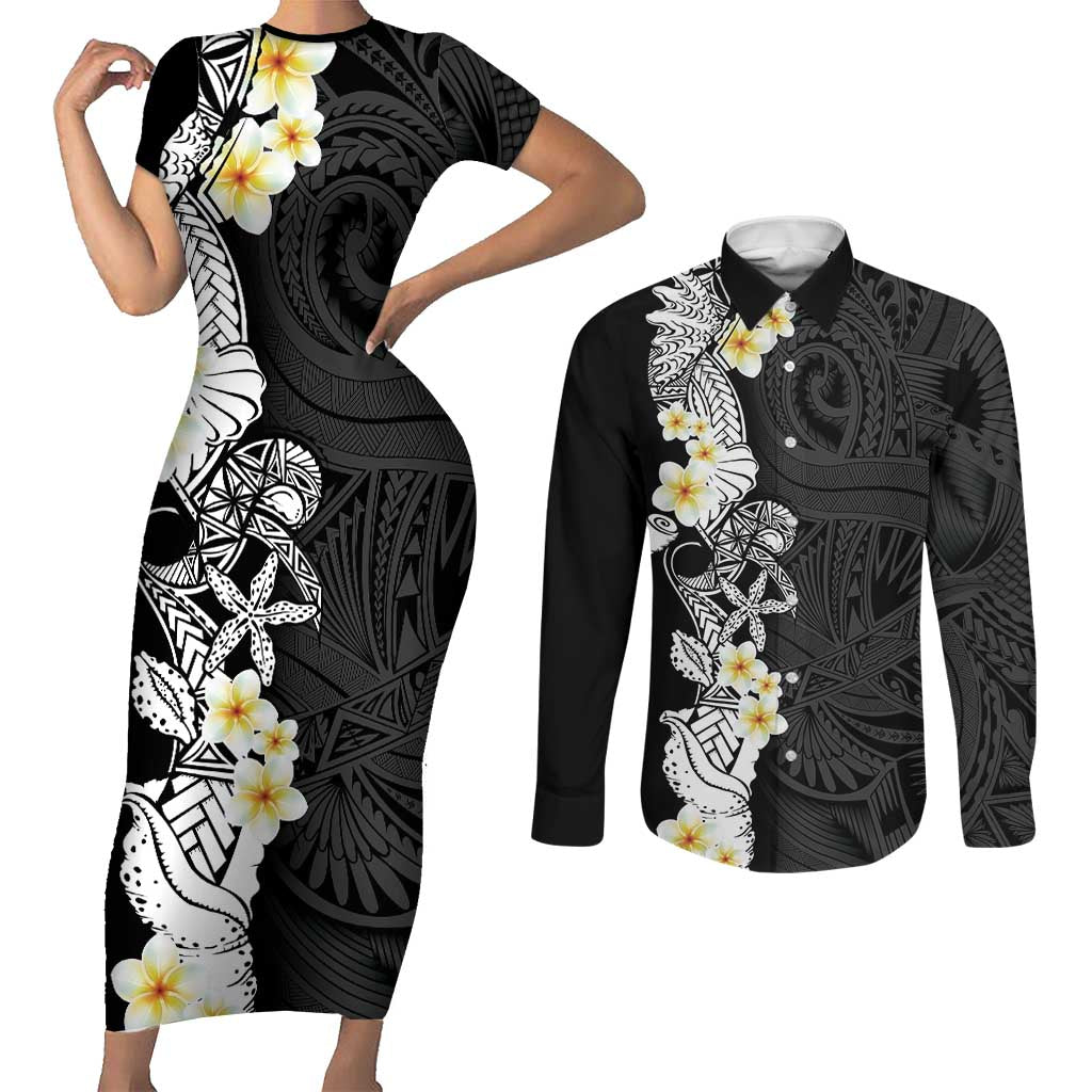 Black Samoa Tattoo Couples Matching Short Sleeve Bodycon Dress and Long Sleeve Button Shirt Plumeria Samoan Ocean Tatau Pattern - Polynesian Pride