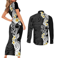 Black Samoa Tattoo Couples Matching Short Sleeve Bodycon Dress and Long Sleeve Button Shirt Plumeria Samoan Ocean Tatau Pattern - Polynesian Pride