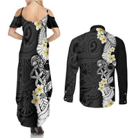 Black Samoa Tattoo Couples Matching Summer Maxi Dress and Long Sleeve Button Shirt Plumeria Samoan Ocean Tatau Pattern - Polynesian Pride