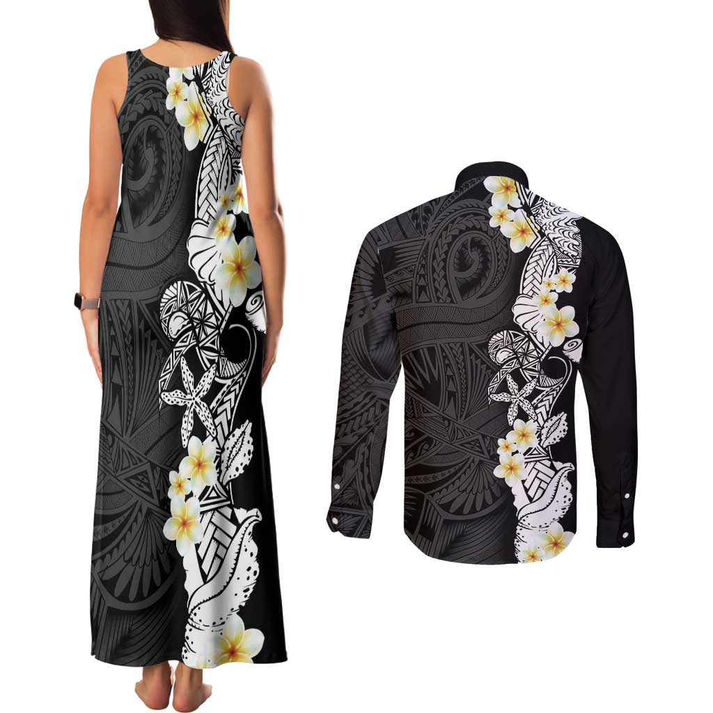 Black Samoa Tattoo Couples Matching Tank Maxi Dress and Long Sleeve Button Shirt Plumeria Samoan Ocean Tatau Pattern LT14 - Polynesian Pride