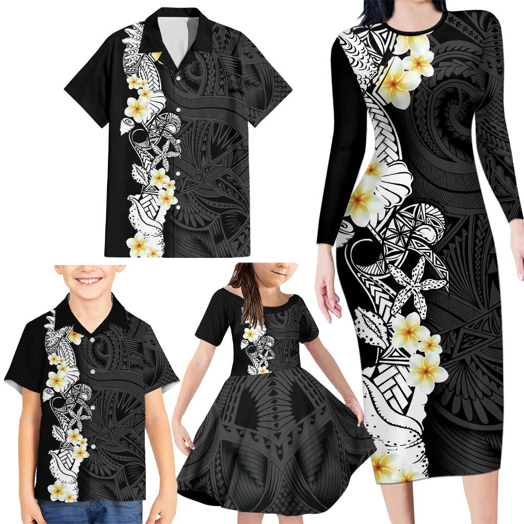Black Samoa Tattoo Family Matching Long Sleeve Bodycon Dress and Hawaiian Shirt Plumeria Samoan Ocean Tatau Pattern - Polynesian Pride