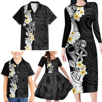 Black Samoa Tattoo Family Matching Long Sleeve Bodycon Dress and Hawaiian Shirt Plumeria Samoan Ocean Tatau Pattern LT14 - Polynesian Pride