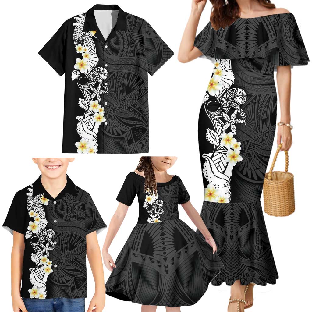 Black Samoa Tattoo Family Matching Mermaid Dress and Hawaiian Shirt Plumeria Samoan Ocean Tatau Pattern LT14 - Polynesian Pride