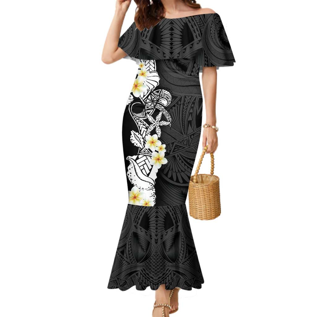 Black Samoa Tattoo Family Matching Mermaid Dress and Hawaiian Shirt Plumeria Samoan Ocean Tatau Pattern LT14 Mom's Dress Black - Polynesian Pride