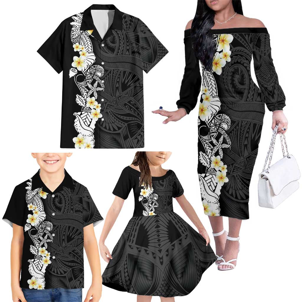 Black Samoa Tattoo Family Matching Off The Shoulder Long Sleeve Dress and Hawaiian Shirt Plumeria Samoan Ocean Tatau Pattern LT14 - Polynesian Pride