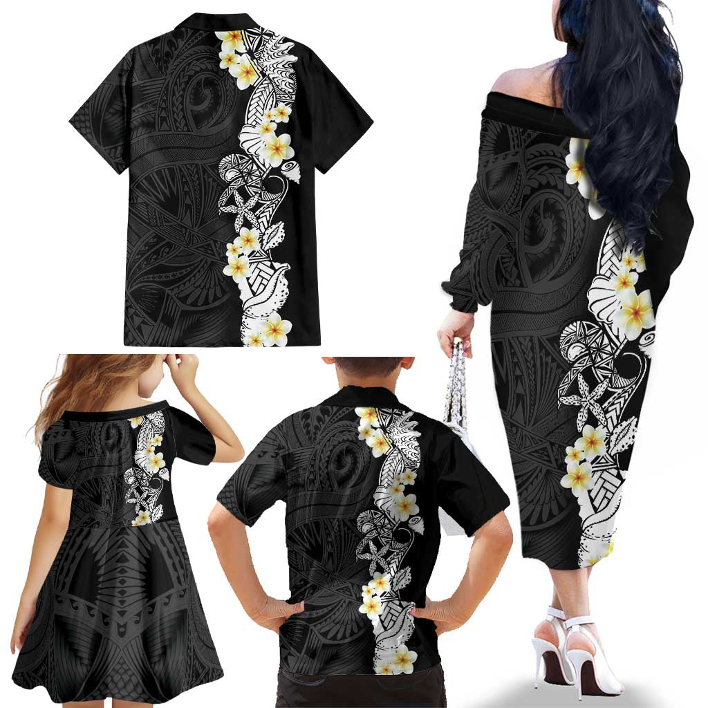Black Samoa Tattoo Family Matching Off The Shoulder Long Sleeve Dress and Hawaiian Shirt Plumeria Samoan Ocean Tatau Pattern LT14 - Polynesian Pride