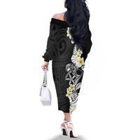 Black Samoa Tattoo Family Matching Off The Shoulder Long Sleeve Dress and Hawaiian Shirt Plumeria Samoan Ocean Tatau Pattern LT14 - Polynesian Pride