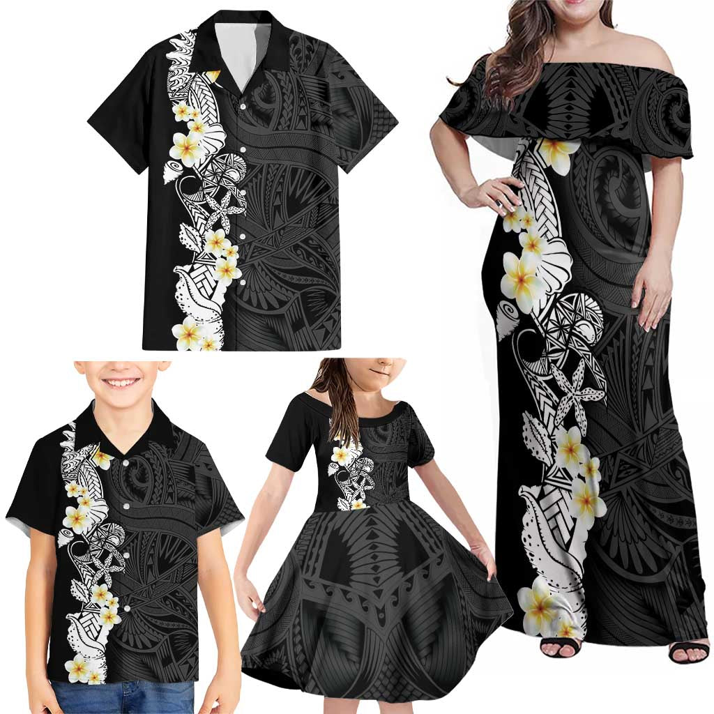 Black Samoa Tattoo Family Matching Off Shoulder Maxi Dress and Hawaiian Shirt Plumeria Samoan Ocean Tatau Pattern - Polynesian Pride