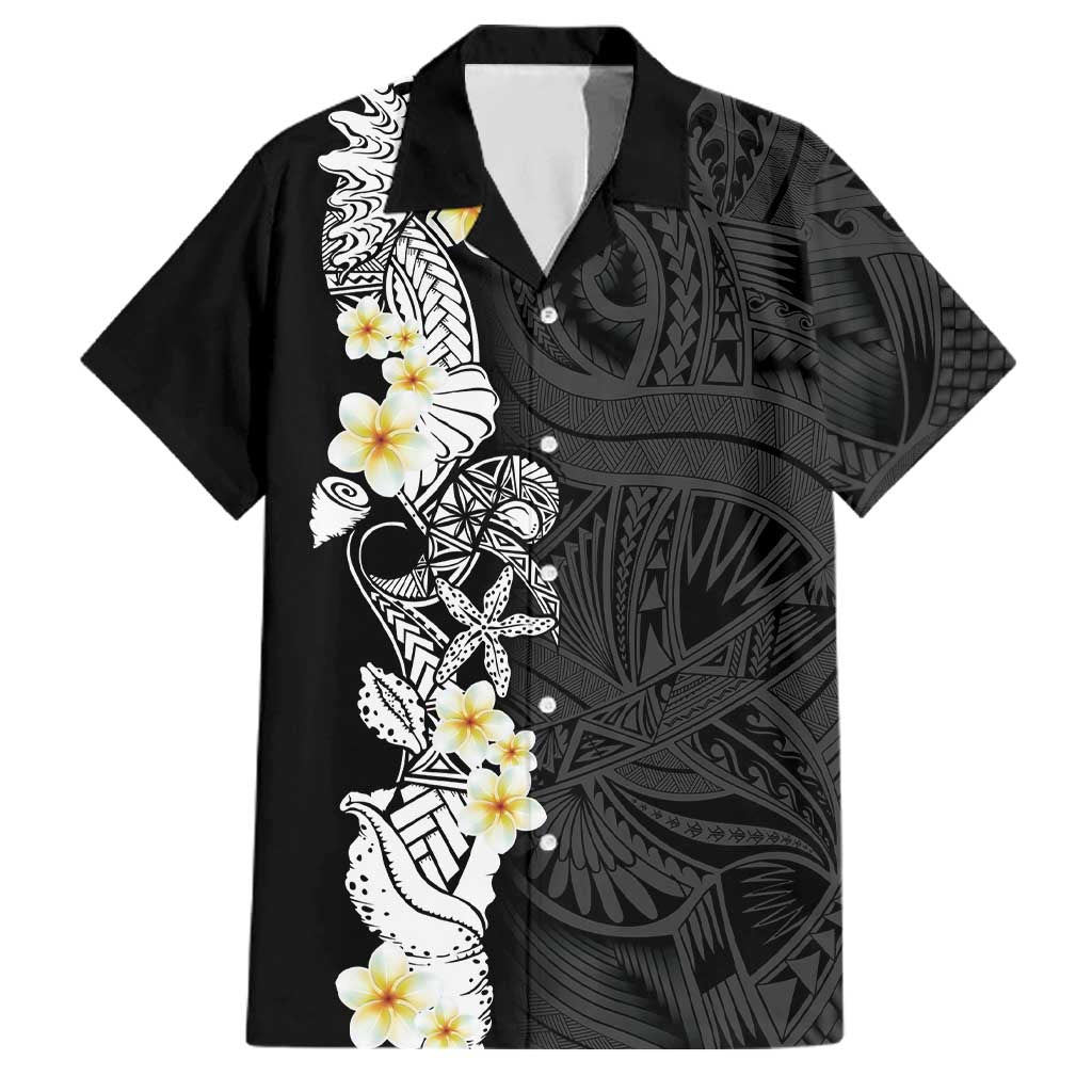 Black Samoa Tattoo Family Matching Off Shoulder Maxi Dress and Hawaiian Shirt Plumeria Samoan Ocean Tatau Pattern - Polynesian Pride
