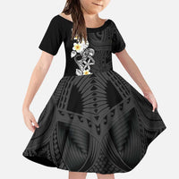 Black Samoa Tattoo Family Matching Off Shoulder Short Dress and Hawaiian Shirt Plumeria Samoan Ocean Tatau Pattern - Polynesian Pride