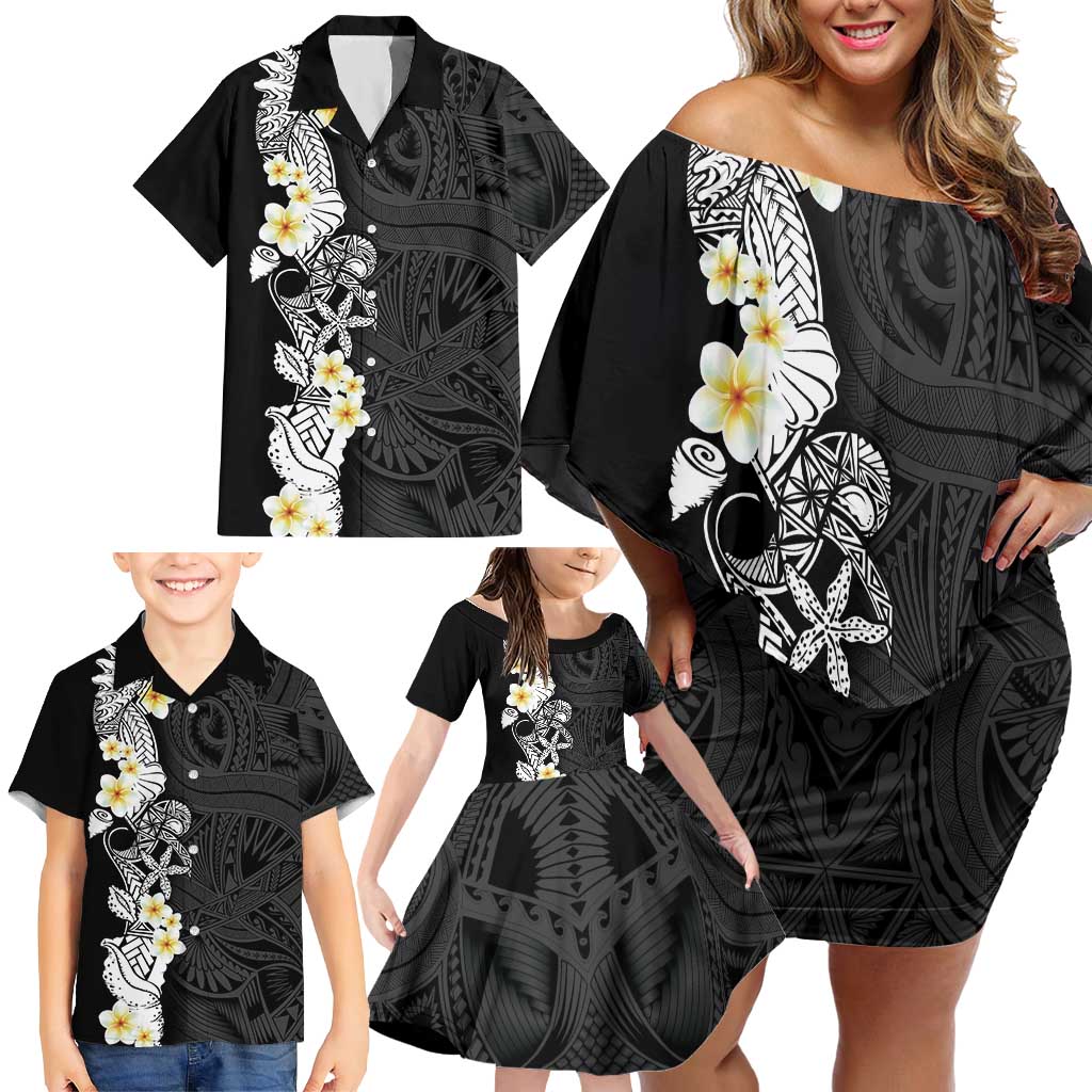 Black Samoa Tattoo Family Matching Off Shoulder Short Dress and Hawaiian Shirt Plumeria Samoan Ocean Tatau Pattern - Polynesian Pride