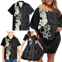 Black Samoa Tattoo Family Matching Off Shoulder Short Dress and Hawaiian Shirt Plumeria Samoan Ocean Tatau Pattern - Polynesian Pride