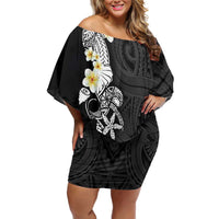 Black Samoa Tattoo Family Matching Off Shoulder Short Dress and Hawaiian Shirt Plumeria Samoan Ocean Tatau Pattern - Polynesian Pride