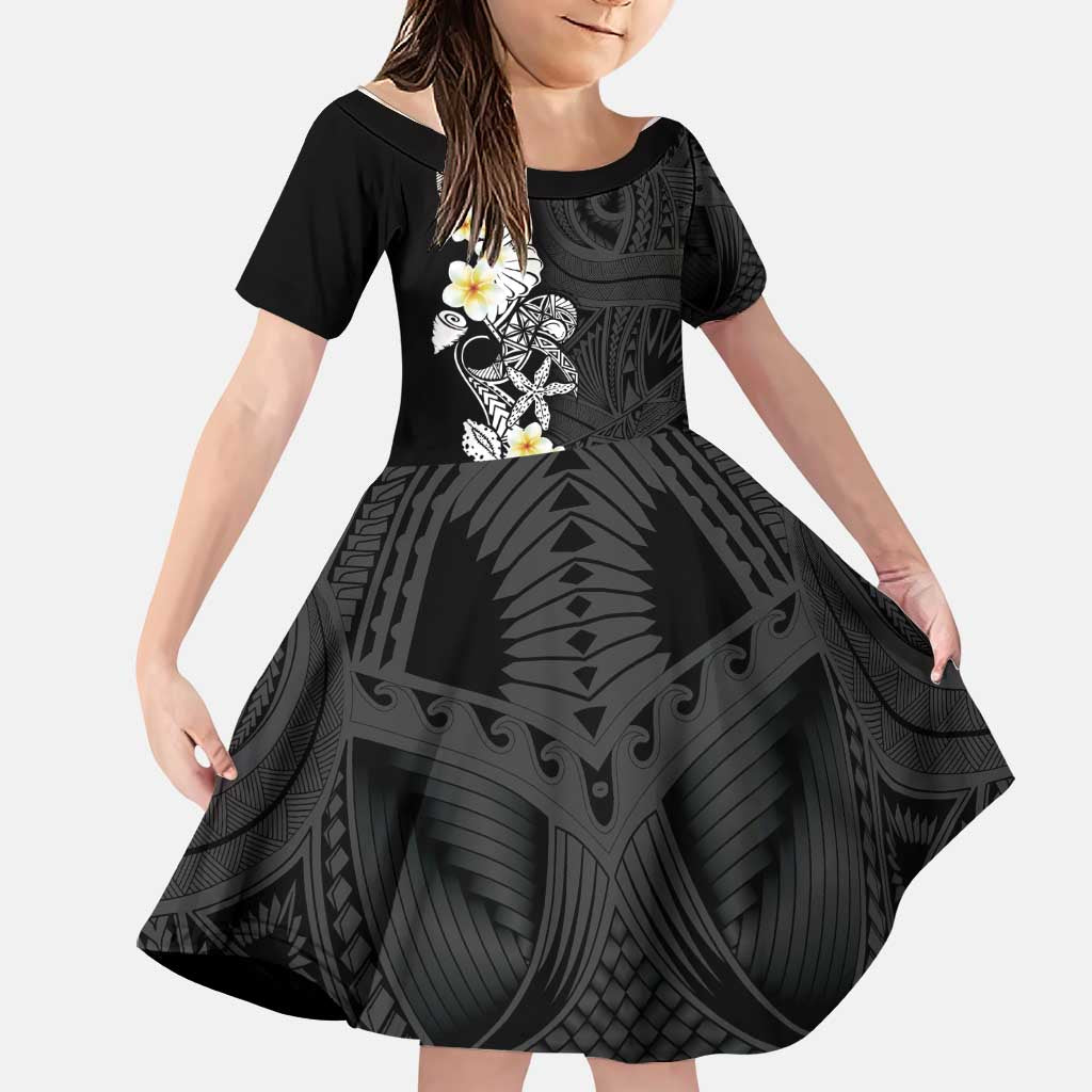 Black Samoa Tattoo Family Matching Short Sleeve Bodycon Dress and Hawaiian Shirt Plumeria Samoan Ocean Tatau Pattern LT14 Daughter's Dress Black - Polynesian Pride