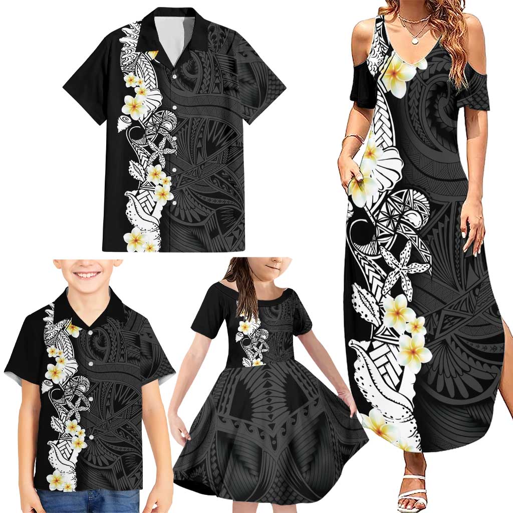 Black Samoa Tattoo Family Matching Summer Maxi Dress and Hawaiian Shirt Plumeria Samoan Ocean Tatau Pattern - Polynesian Pride