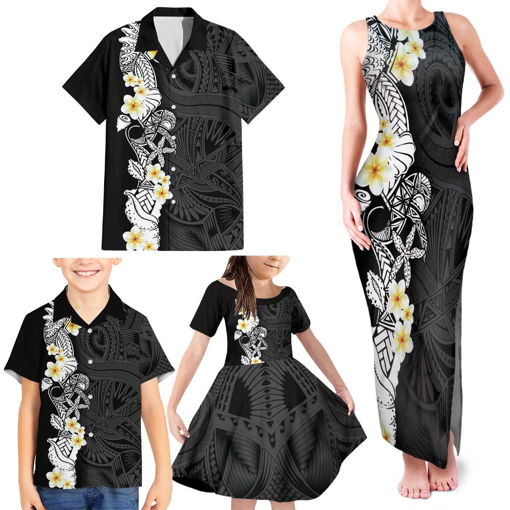 Black Samoa Tattoo Family Matching Tank Maxi Dress and Hawaiian Shirt Plumeria Samoan Ocean Tatau Pattern - Polynesian Pride