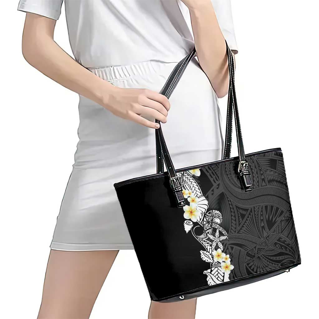 Black Samoa Tattoo Leather Tote Bag Plumeria Samoan Ocean Tatau Pattern - Polynesian Pride