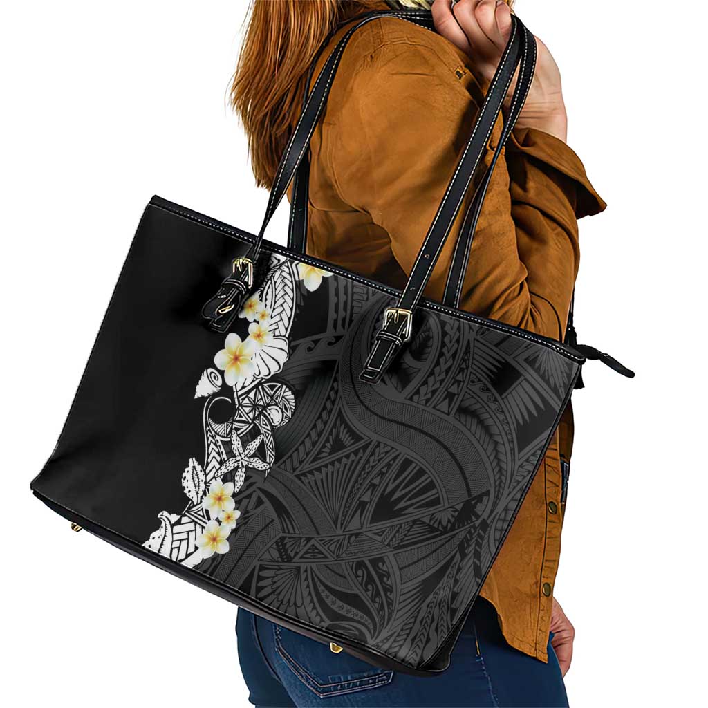 Black Samoa Tattoo Leather Tote Bag Plumeria Samoan Ocean Tatau Pattern - Polynesian Pride