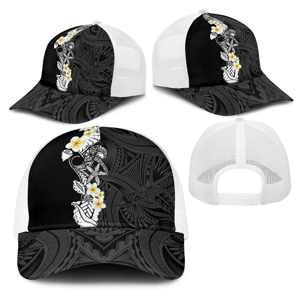Black Samoa Tattoo Mesh Trucker Cap Plumeria Samoan Ocean Tatau Pattern - Polynesian Pride