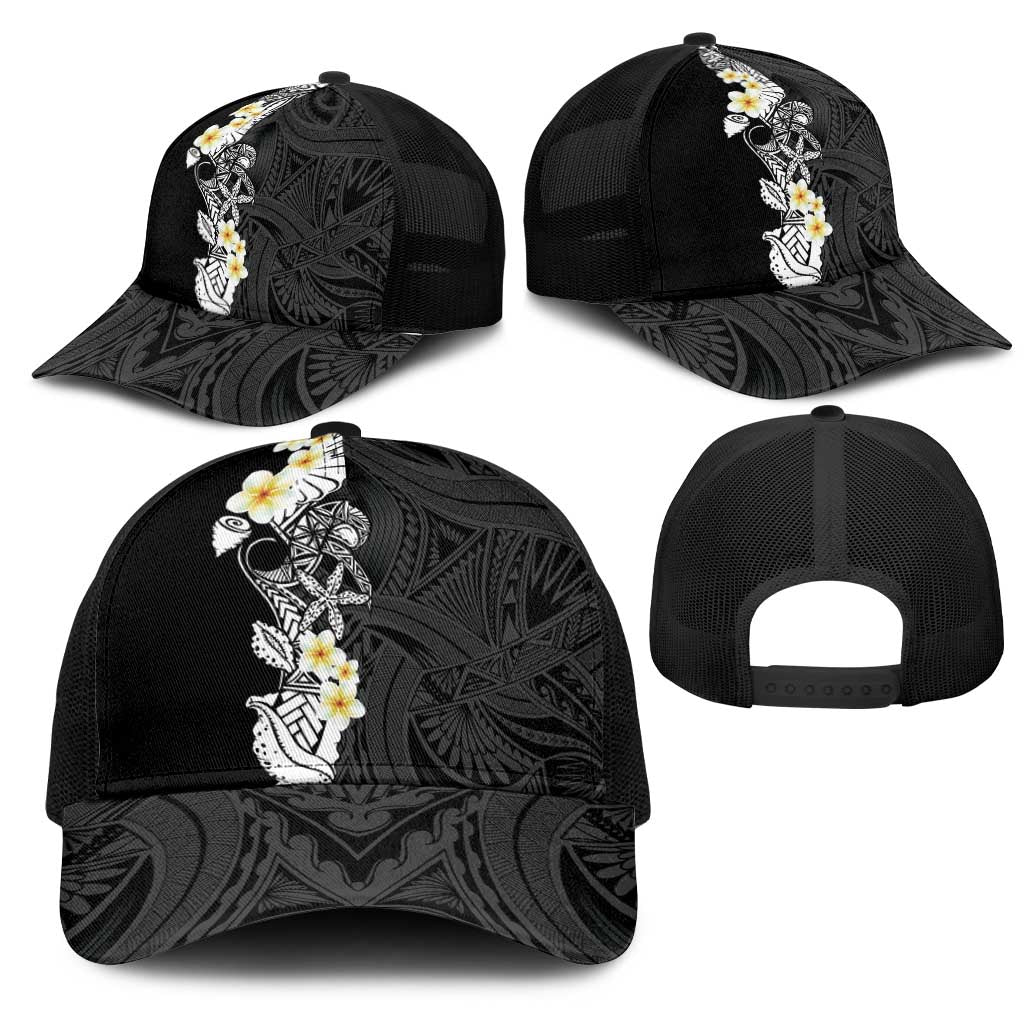 Black Samoa Tattoo Mesh Trucker Cap Plumeria Samoan Ocean Tatau Pattern - Polynesian Pride
