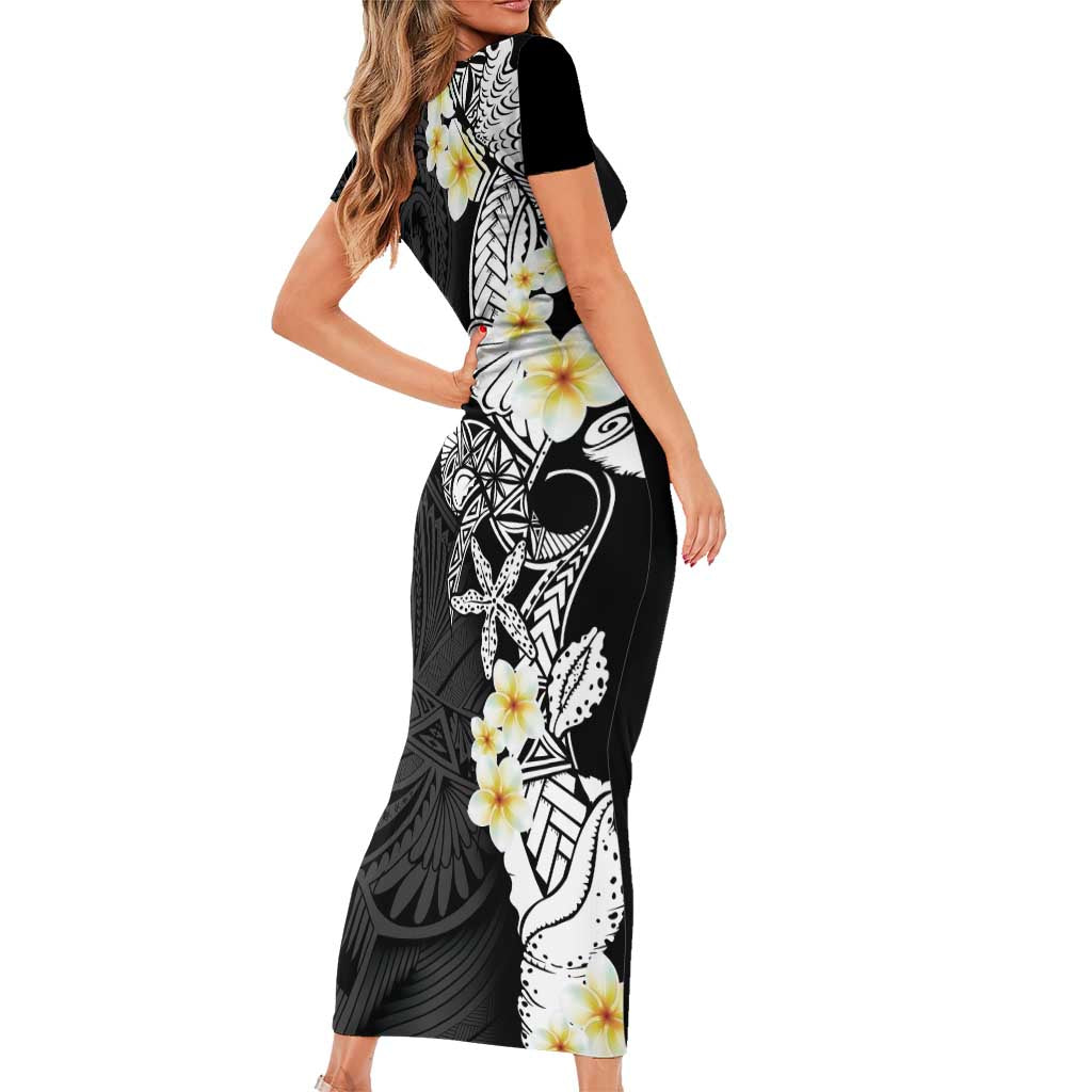 Black Samoa Tattoo Short Sleeve Bodycon Dress Plumeria Samoan Ocean Tatau Pattern - Polynesian Pride