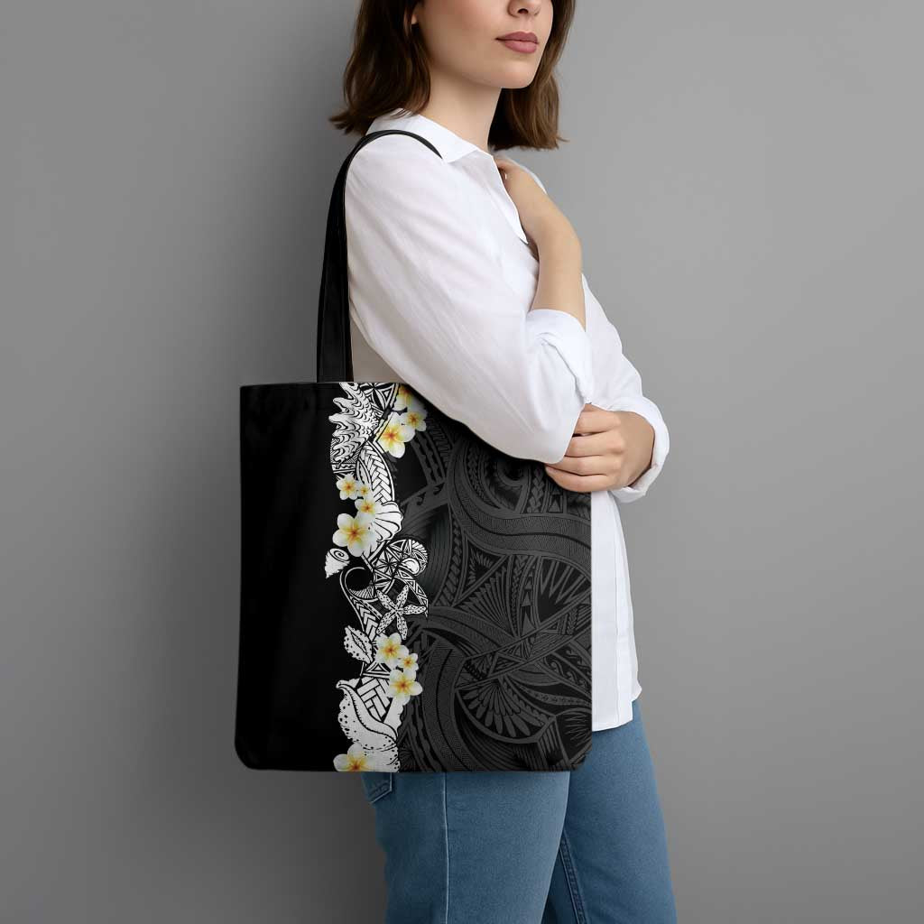 Black Samoa Tattoo Tote Bag Plumeria Samoan Ocean Tatau Pattern - Polynesian Pride