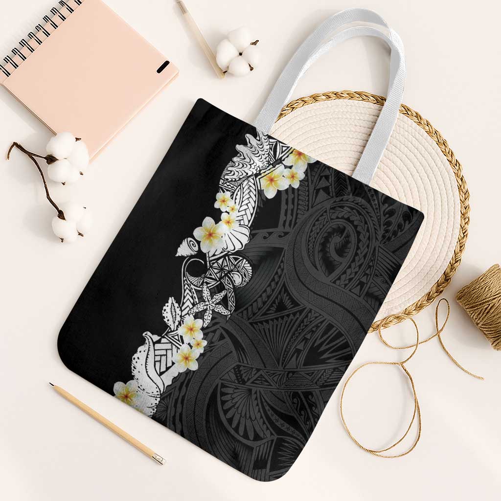 Black Samoa Tattoo Tote Bag Plumeria Samoan Ocean Tatau Pattern - Polynesian Pride