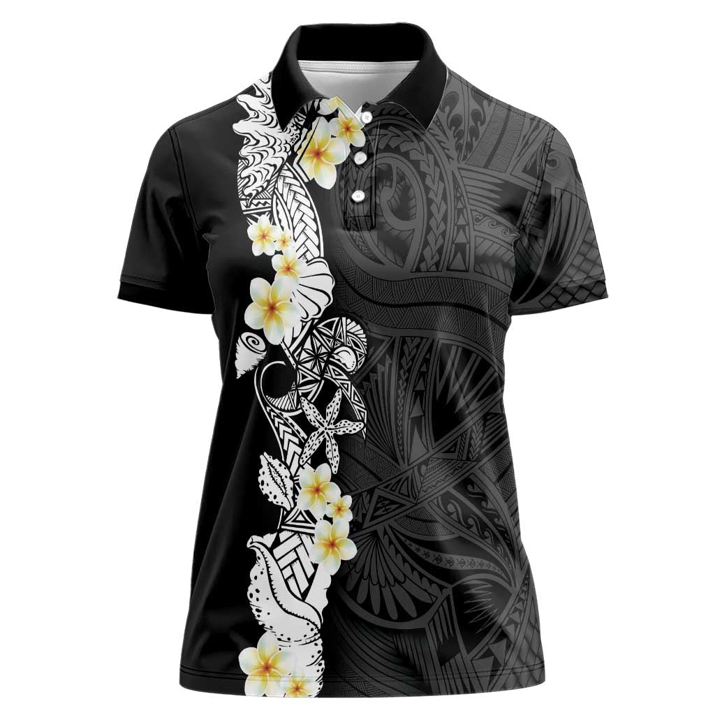 Black Samoa Tattoo Women Polo Shirt Plumeria Samoan Ocean Tatau Pattern - Polynesian Pride