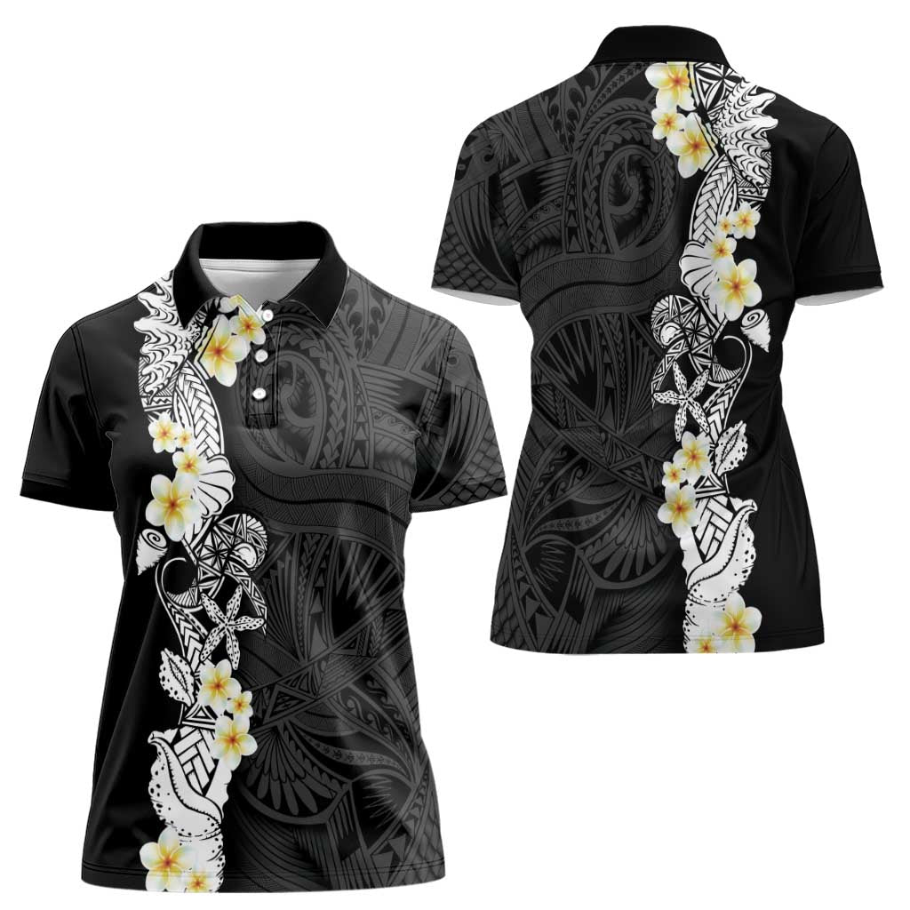 Black Samoa Tattoo Women Polo Shirt Plumeria Samoan Ocean Tatau Pattern - Polynesian Pride