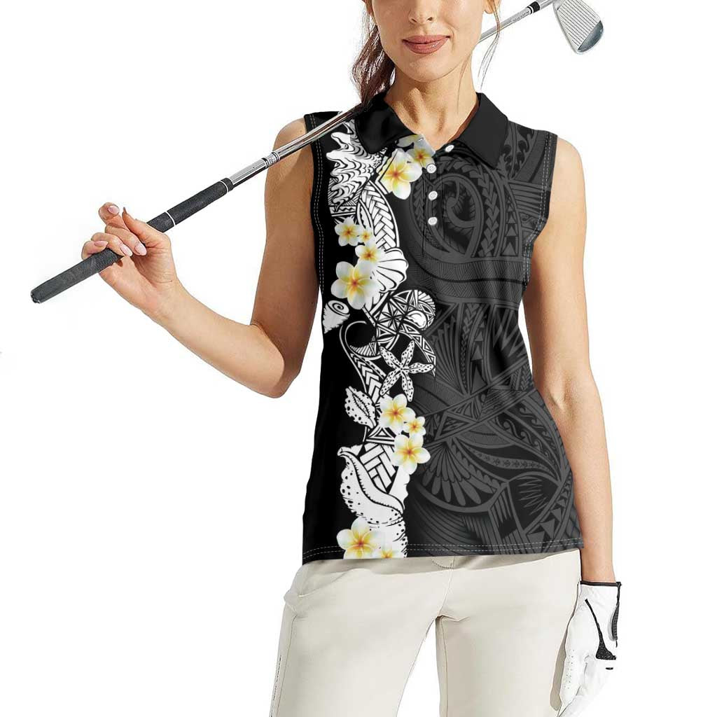 Black Samoa Tattoo Women Sleeveless Polo Shirt Plumeria Samoan Ocean Tatau Pattern - Polynesian Pride