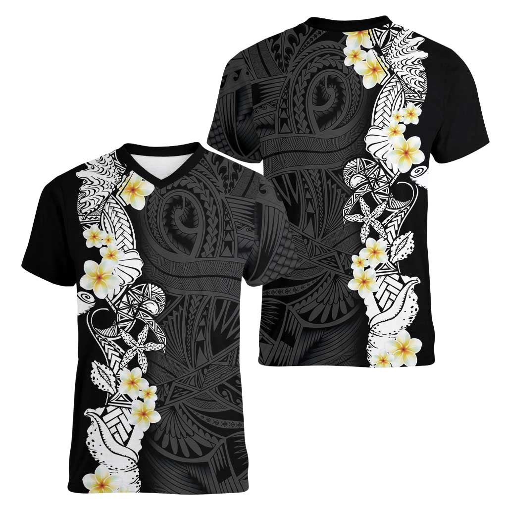 Black Samoa Tattoo Women V-Neck T-Shirt Plumeria Samoan Ocean Tatau Pattern - Polynesian Pride