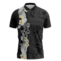 Black Samoa Tattoo Zipper Polo Shirt Plumeria Samoan Ocean Tatau Pattern - Polynesian Pride